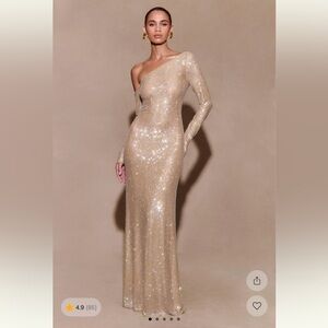 Meshki One-Shoulder Sparkling Beige Dress